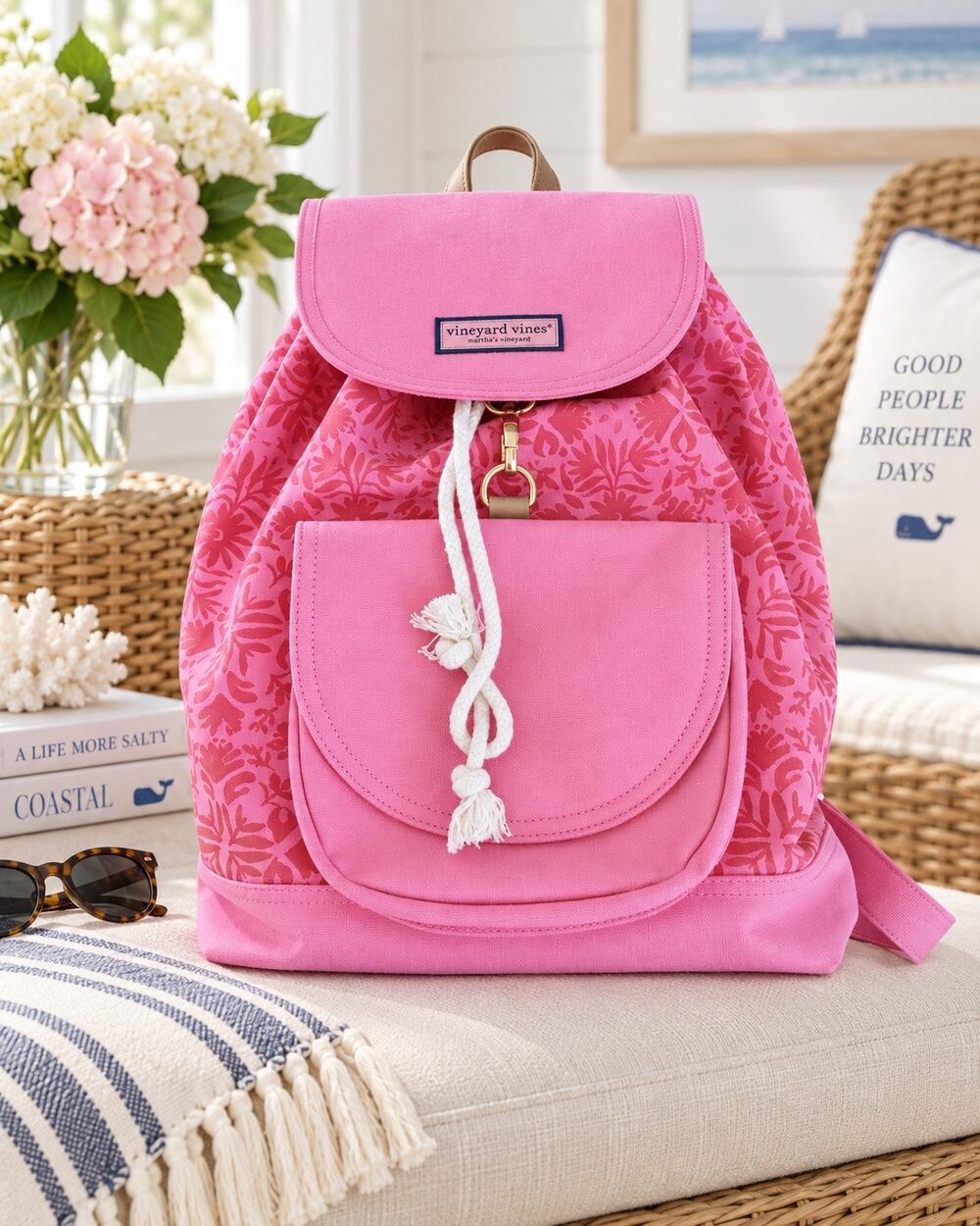 Vineyard Vines Pink Floral Canvas Drawstring Backpack Gold Hardware EUC